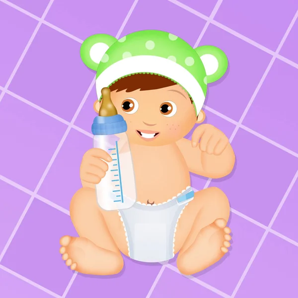 Bebé Con Pañal Biberón —  Fotos de Stock