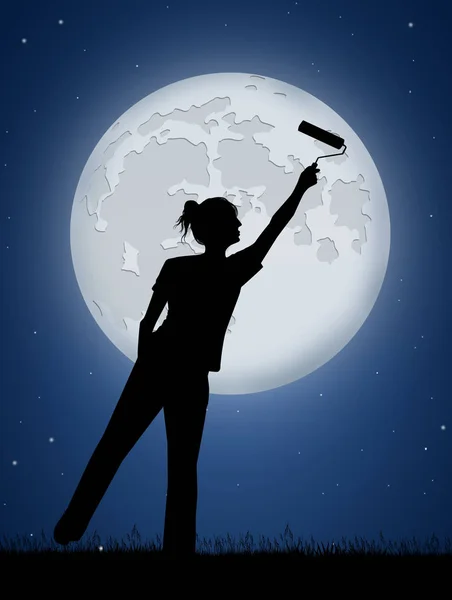 Illustration Girl Paints Moon — Stock Photo, Image