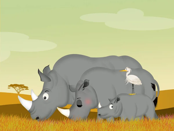 Illustration Famille Rhinocéros Dans Savane — Photo