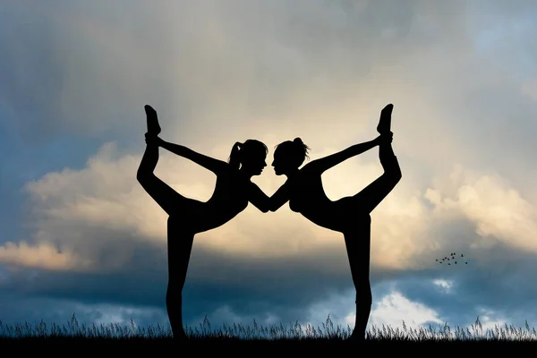 Dos Chicas Hacen Yoga Atardecer —  Fotos de Stock