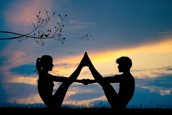 Illustration Eines Jungen Paares Macht Yoga Bei Sonnenuntergang — Stockfoto