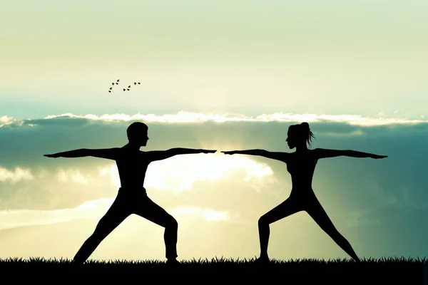 Coppia che fa yoga al tramonto — Foto Stock