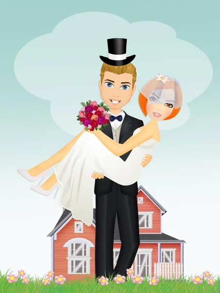 Boldog Vőlegény Gazdaság Gyönyörű Menyasszony — Stock Fotó