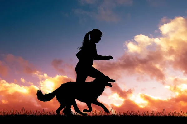 Menina Corre Com Cão Pôr Sol — Fotografia de Stock