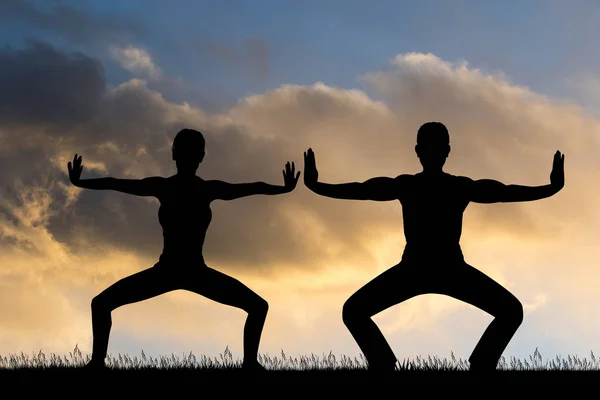 Yoga Twee Bij Zonsondergang — Stockfoto