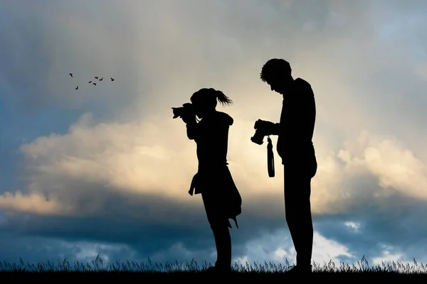 Illustratie Van Fotografen Bij Zonsondergang — Stockfoto