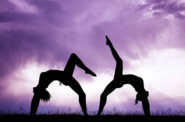 Dos Chicas Hacen Yoga Atardecer —  Fotos de Stock