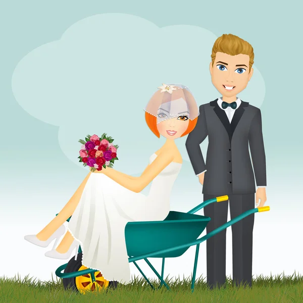 Lustige Illustration Der Braut Der Schubkarre — Stockfoto