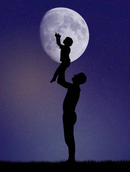 孩子与爸爸的插图带月亮 — 图库照片