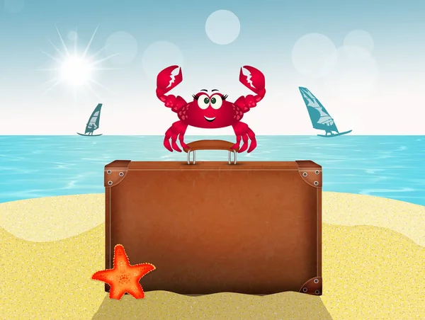 Illustration Crabe Sur Valise Sur Plage — Photo