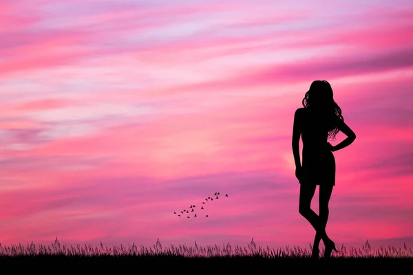 Vrouw Zoek Naar Roze Zonsondergang — Stockfoto