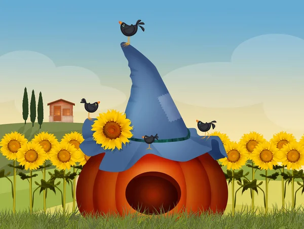 illustration of crows eat pumpkin