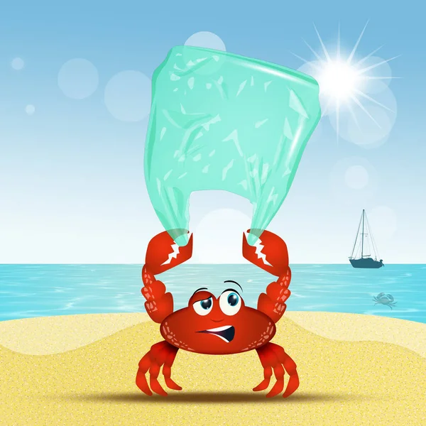 Crabe Recueille Plastique Sur Plage — Photo