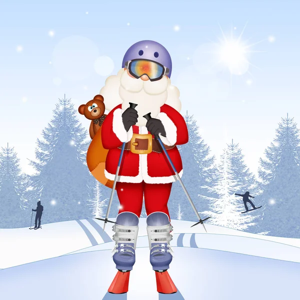 Illustratie Van Kerstman Met Ski — Stockfoto