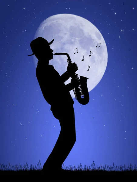 Mężczyzna Gra Saksofonie Świetle Księżyca — Zdjęcie stockowe