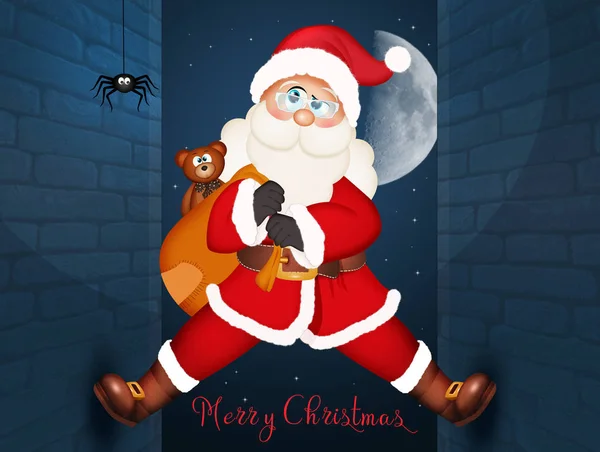 Ilustracja Świętego Mikołaja Wspinającego Się Ścianę Domów — Zdjęcie stockowe
