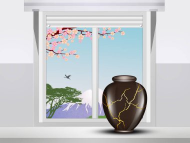 illustration of kintsugi jar on window clipart