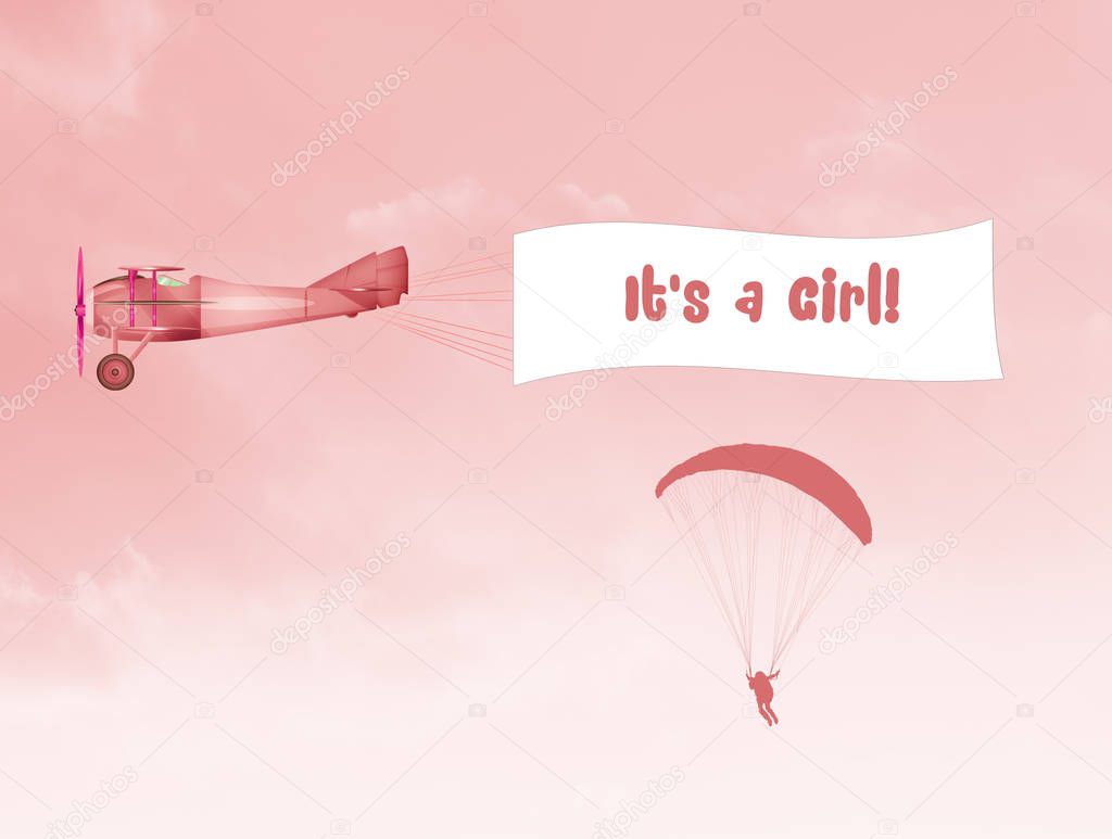 illustration of airplane with banner for baby girl
