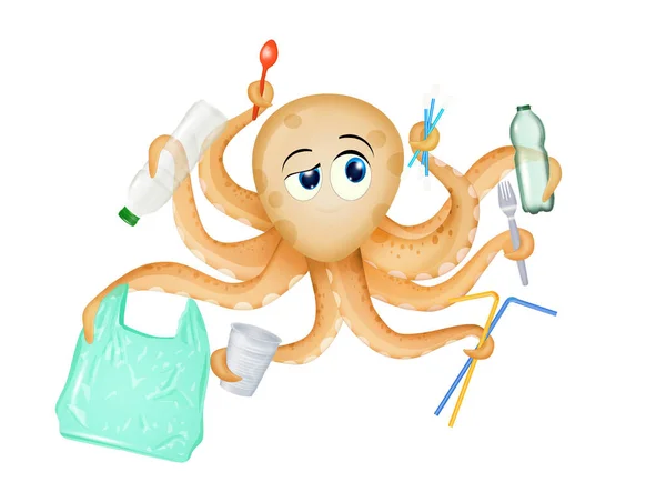 Octopus Met Plastic Voorwerpen — Stockfoto