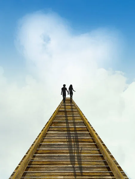 Mann Und Frau Gehen Auf Holzbrücke — Stockfoto