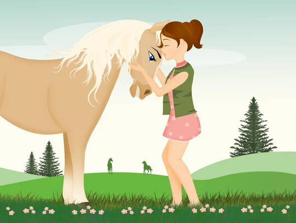 Little Girl Horse Meadow — 스톡 사진