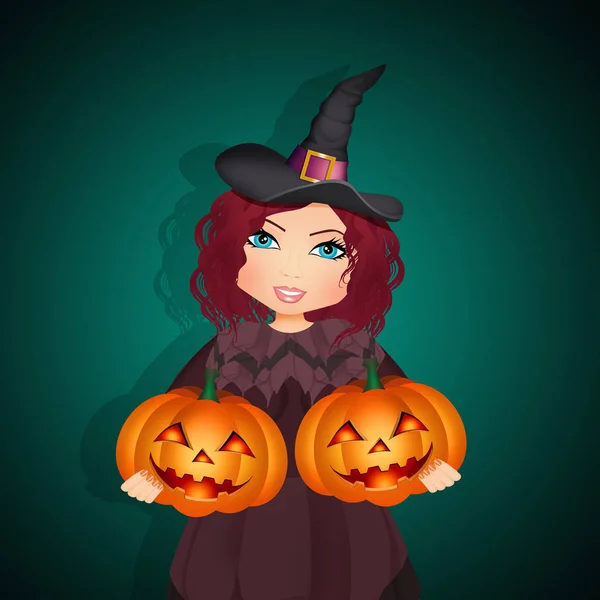 Ilustrace Halloweenské Čarodějnice Dvěma Dýněmi — Stock fotografie