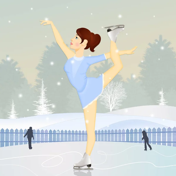 Illustration Girl Skating Ice Winter Landscape — Stock Photo, Image