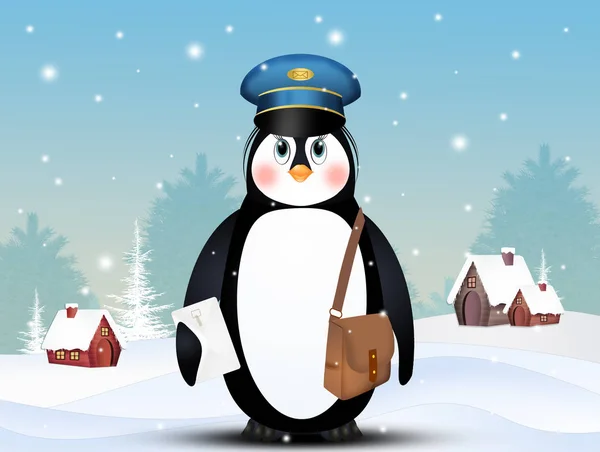 Ilustracja Listonosza Pingwina Zimowym Krajobrazie — Zdjęcie stockowe