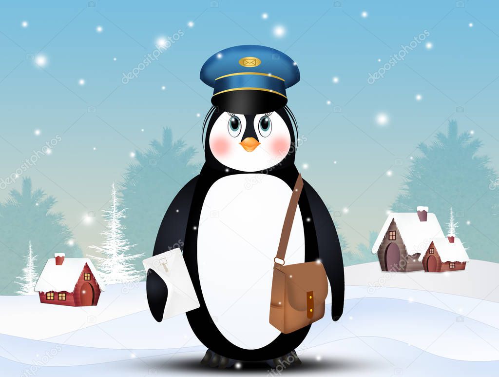 illustration of penguin postman in winter landscape
