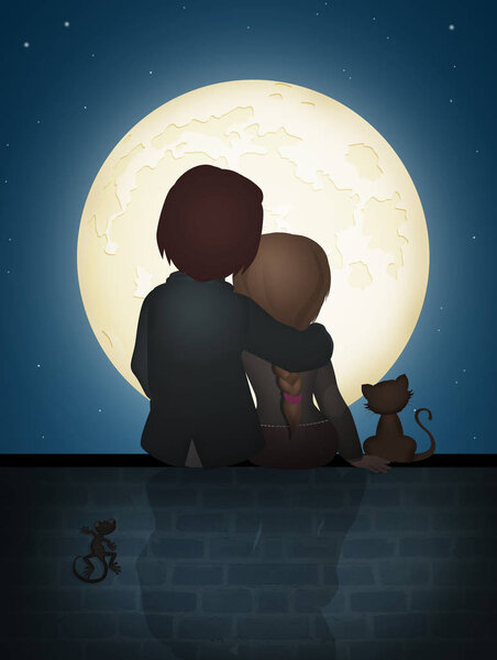 couple sitting on the wall in the moonlight