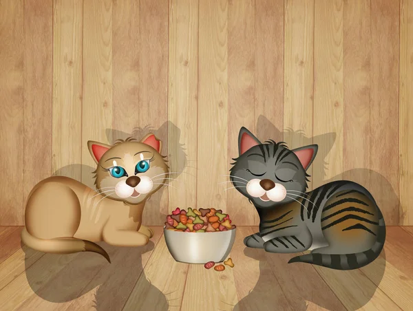 Illustrazione Dei Gattini Mangiare Crocchette — Foto Stock