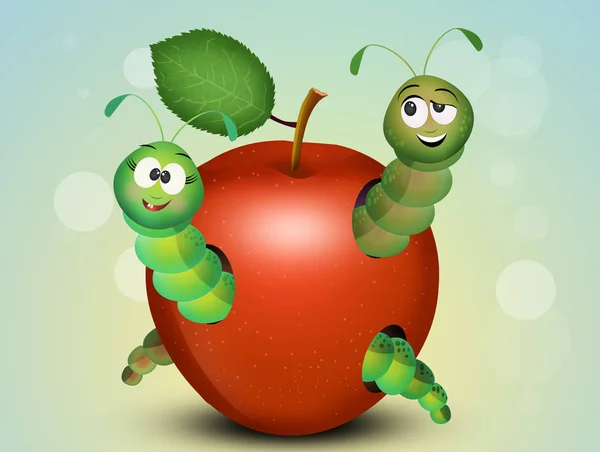 Illustration Funny Caterpillars Apple — Stock Photo, Image