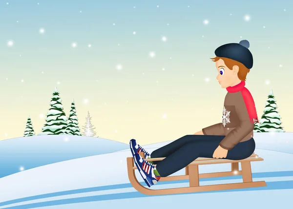 在雪橇上的孩子在冬天的插图 — 图库照片