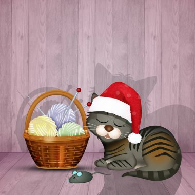 Kedi yavrusu iplik sepetinin yanında.