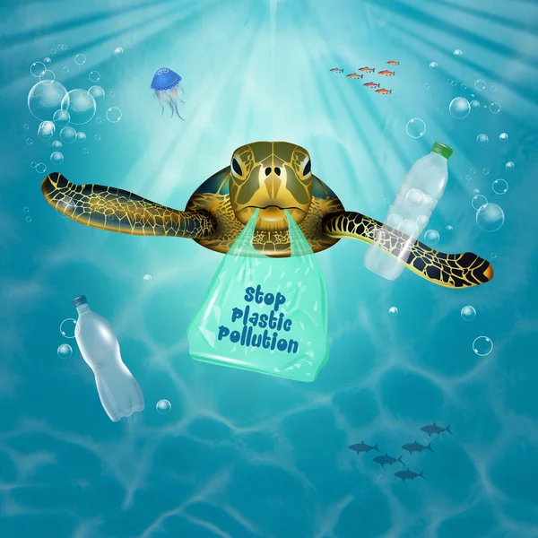 Ilustração Stop Plastic Poluição Com Tartaruga Marinha Para Mar — Fotografia de Stock