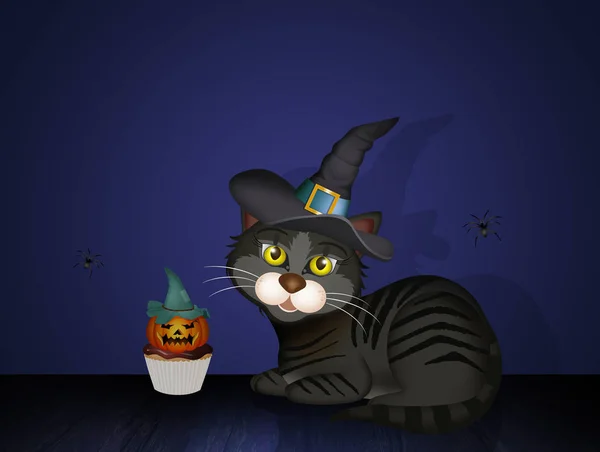 Gato Brujo Con Tarta Halloween —  Fotos de Stock