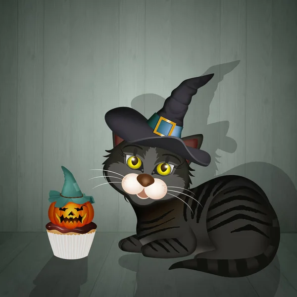 Illusztráció Boszorkány Macska Halloween Cupcake — Stock Fotó