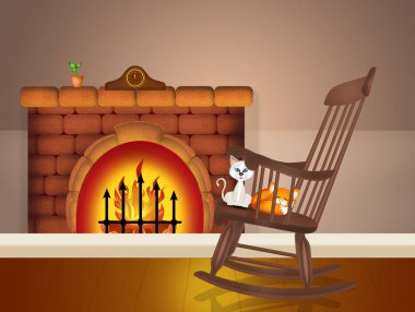 Şöminenin önünde sallanan sandalye.