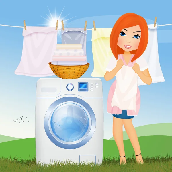 Illustratie Van Vrouw Doet Wasserij Met Wasmachine Tuin Gazon — Stockfoto