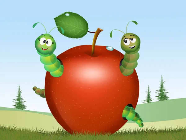 Illustration Caterpillar Eat Apple — Stock Photo, Image