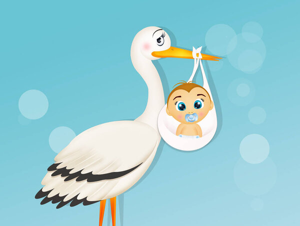 illustration of stork with baby male