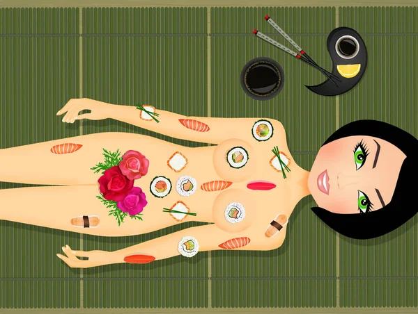 Comer Sushi Niña Desnuda Vuelta —  Fotos de Stock