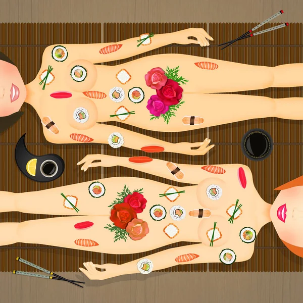 女性の体に寿司を食べるイラスト — ストック写真