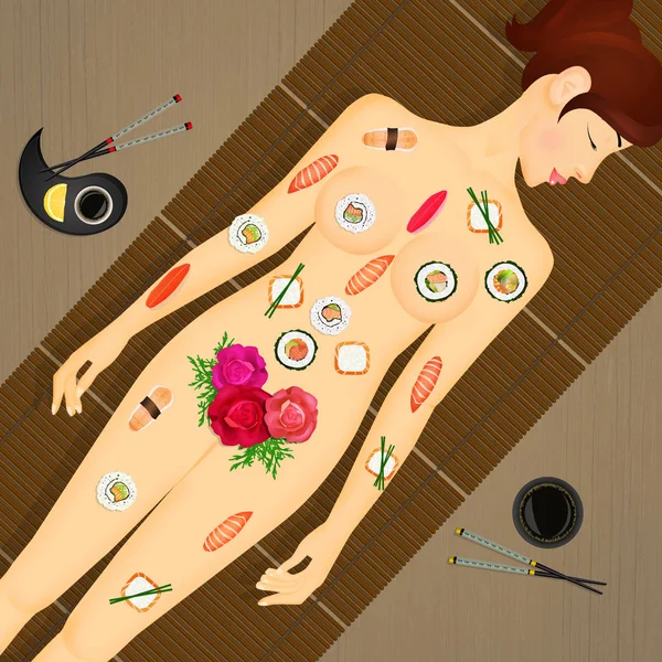 Äter Sushi Kvinnans Kropp — Stockfoto