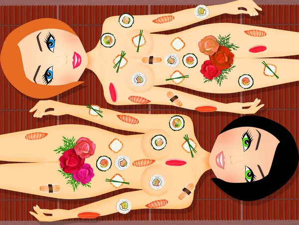 Äta Sushi Från Naken Flicka Tillbaka — Stockfoto
