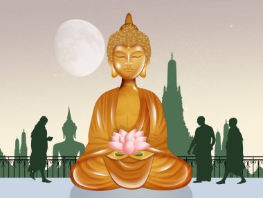 Nilüfer çiçekli altın Buda heykeli.