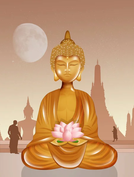 Ilustração Estátua Buddha Dourada Com Flor Lótus — Fotografia de Stock