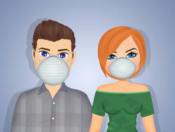 コロナウイルスの保護マスクをしたカップルのイラスト — ストック写真