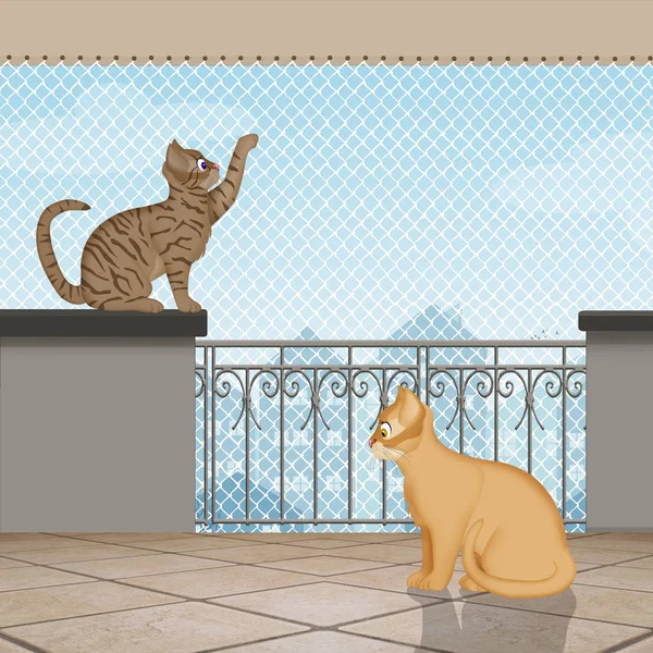 illustration of cats on the terrace with protective net