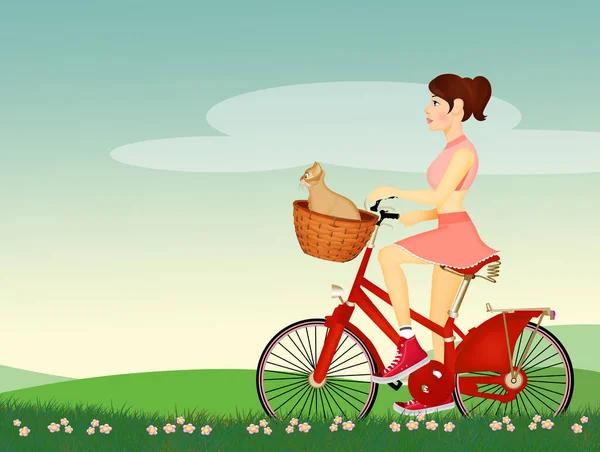 Girl Bicycle Cat Basket — Stock Photo, Image